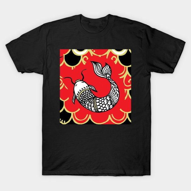 Persevere /Red-Black  Chinoiserie Carp / Koi Fish T-Shirt by FranBail